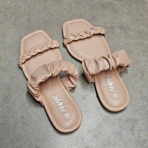 Nude Braided Strap Flat Sandals With Padded Scrunch Detail & Square Toe Design